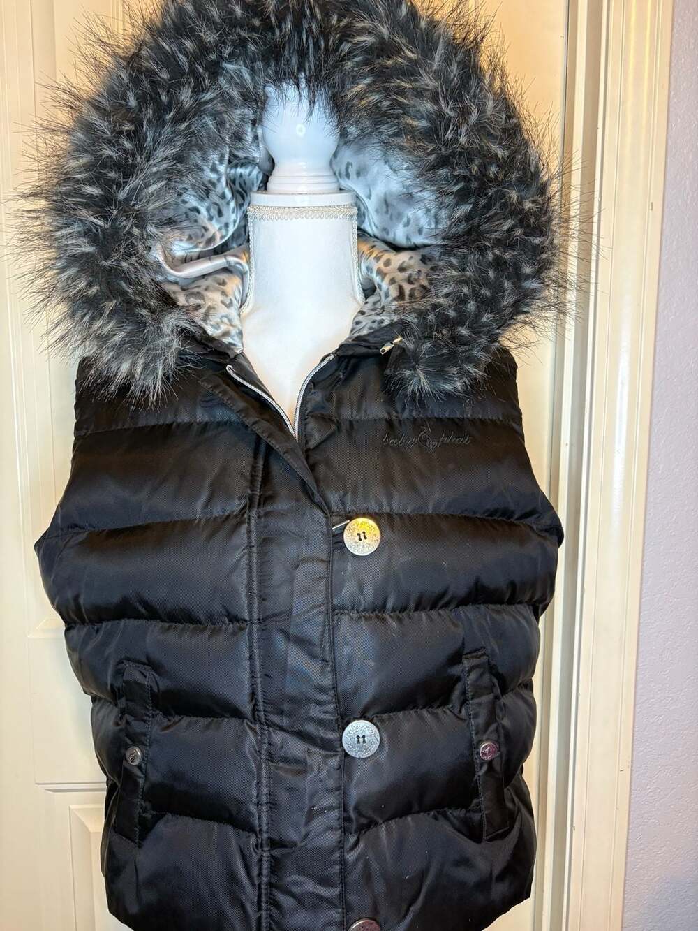 Vintage Baby Phat Puffer Vest Black Faux Fur Hood Giant Cat Logo on Back Leopard